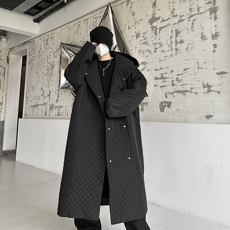 

Autumn Winter Lightweight Pleated Diamond id Wide Version Hooded Extra Long over Knee Cotton Coat Men Women Cotton Jaet