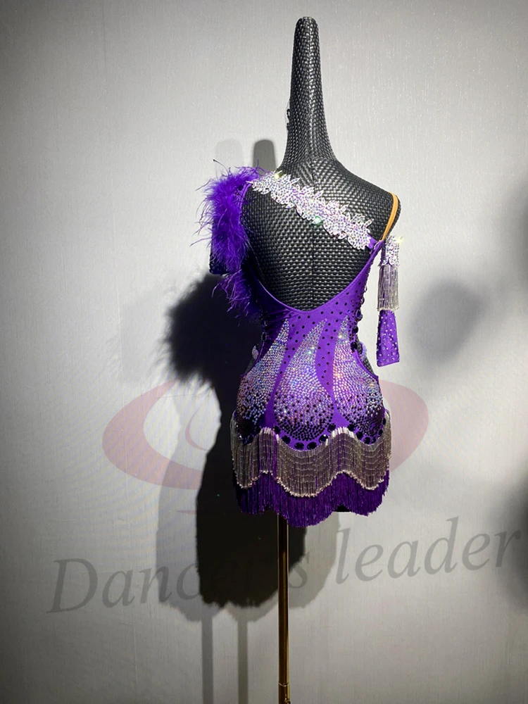 الراقصات اللاتينية، البالغين، الأطفال، فستان زهرة قطيفة أرجواني مخصص عالي الجودة، فستان أداء تانجو سامبا AB Stone #1