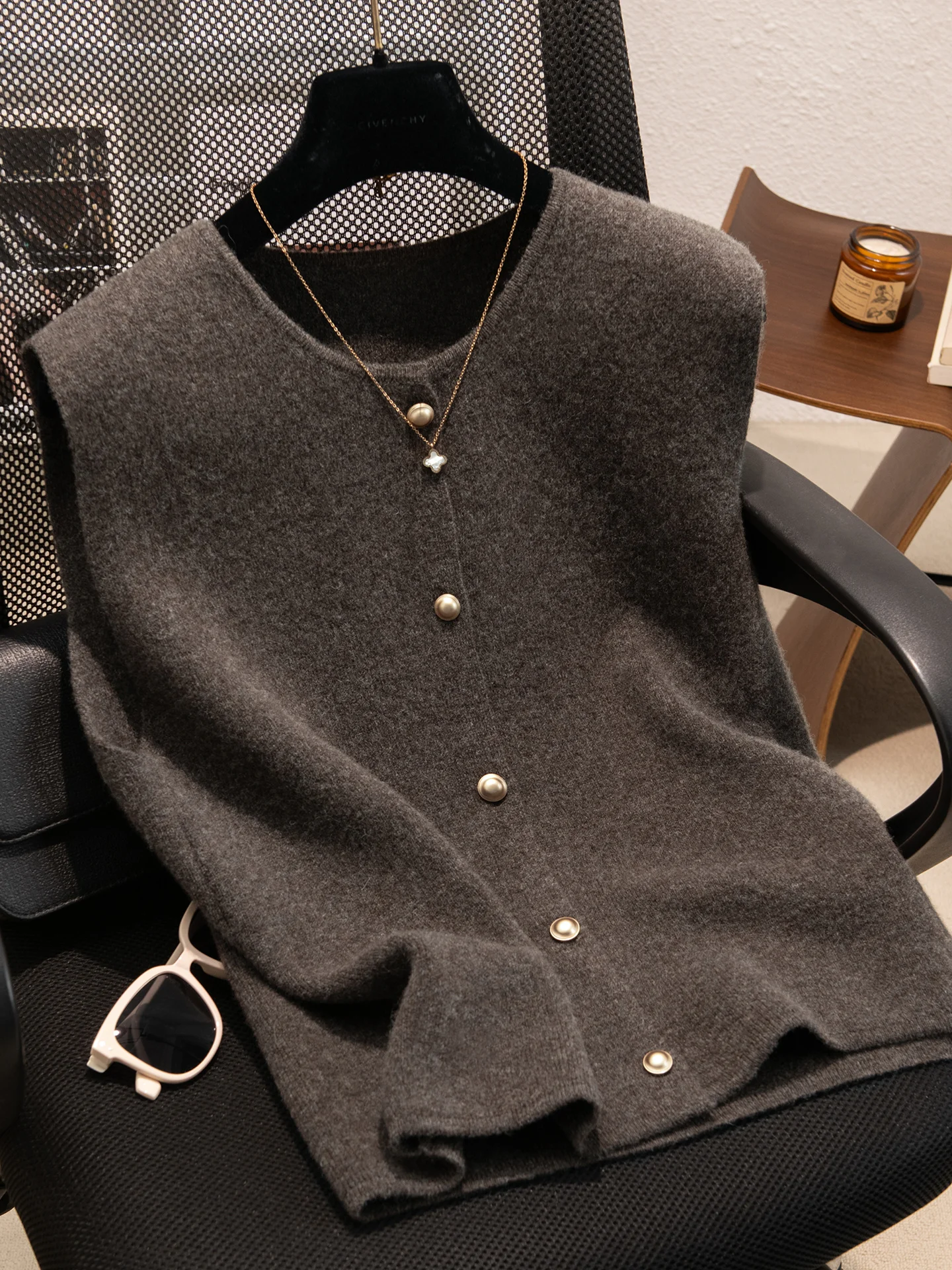 Reine Wolle Gestrickte runde Ne Svel Weste frauen Taste Strickjacke Schichtung Große Größe Kamere Vielseitig Pullover Casual Sle