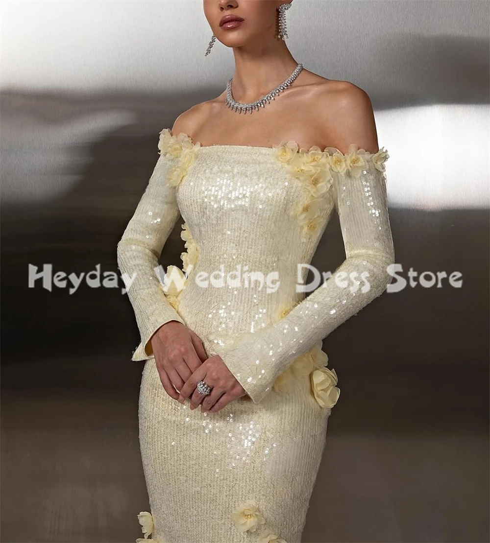 Suknie wieczorowe Heyday Women's Bateau Sparkly Mermaid z trójwymiarowymi kwiatami, długie rękawy, tren, długość do podłogi, elegancka suknia formalna 2025