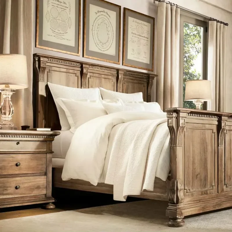 Furniture Type Antique Natural Wooden Queen Bed Double Panel Bed