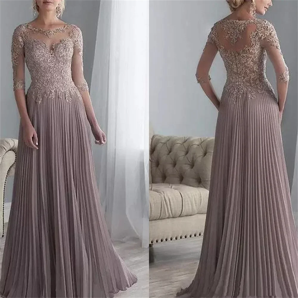 Vestido plisado De gasa para madre del novio, traje largo con apliques De encaje, mangas 1/2, 2024