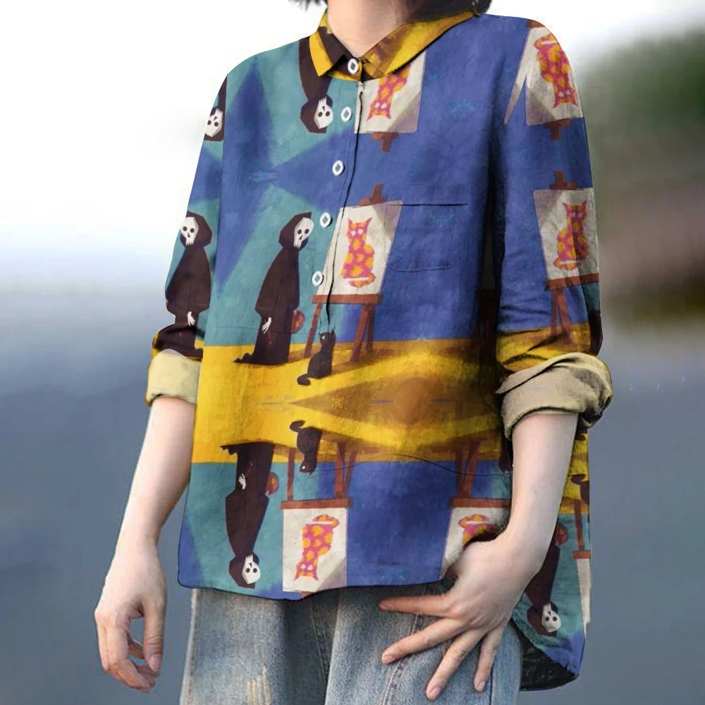 

Women's Character Comic Print Casual New Chinese Style Blouse Ocean Fish Print Side Buttons Overshirt Open Summer Flip Collar