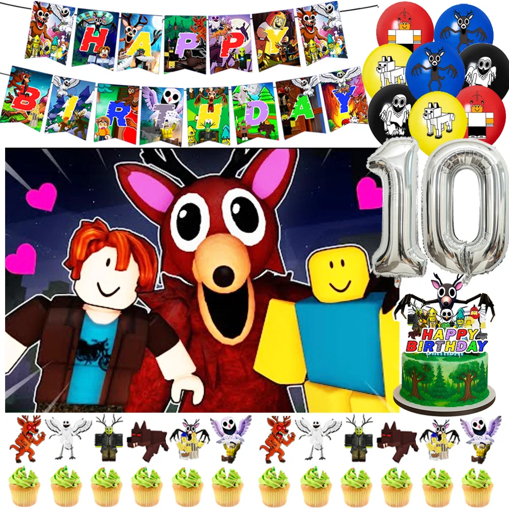 

99 Nights In The Forest Theme Kids Birthday Party Decorations Cartoon Game Backdrop Number Balloons Cake Topper Party Supplies