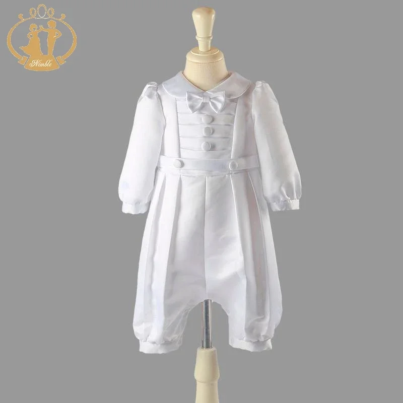 White Baby Boy Clothes Set Baptism Outfits Summer Solid Full Sleeve Bow Lace Christening Gown Newborn Gentleman Birthday