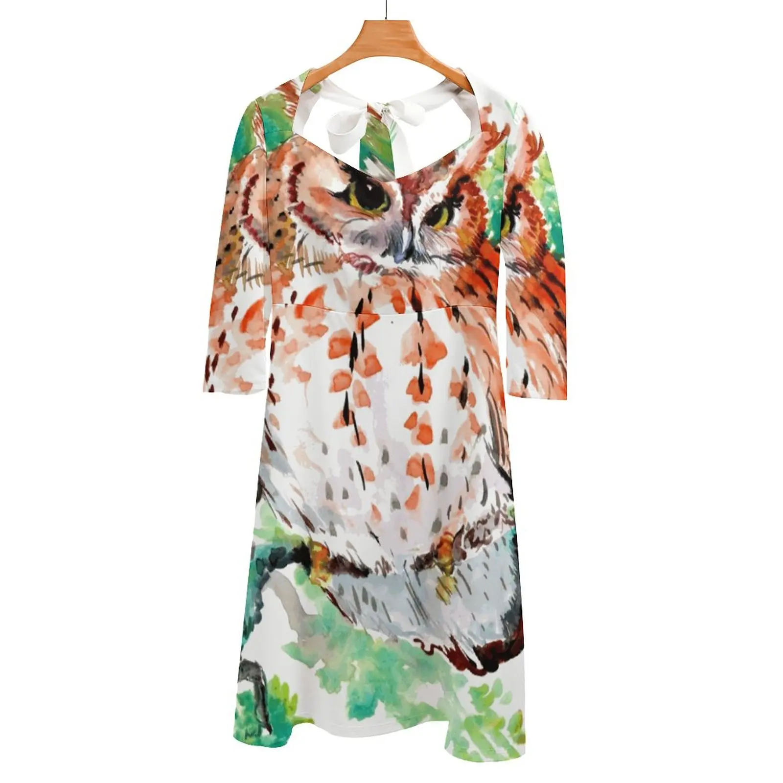 Owl On The Tree Children Art Owl Design Back Lacing Backless Dress Square Neck Dress Sweet Elegant Dress Owl Nursery Children