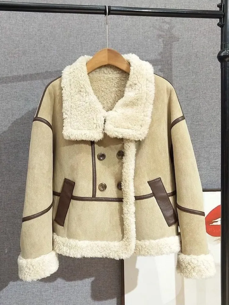 Hot Sale Winter Women Wool Lining Warm Jacket Comfortable Windproof Loose Coat Turndown Collar Double Breasted Casual Outerwear