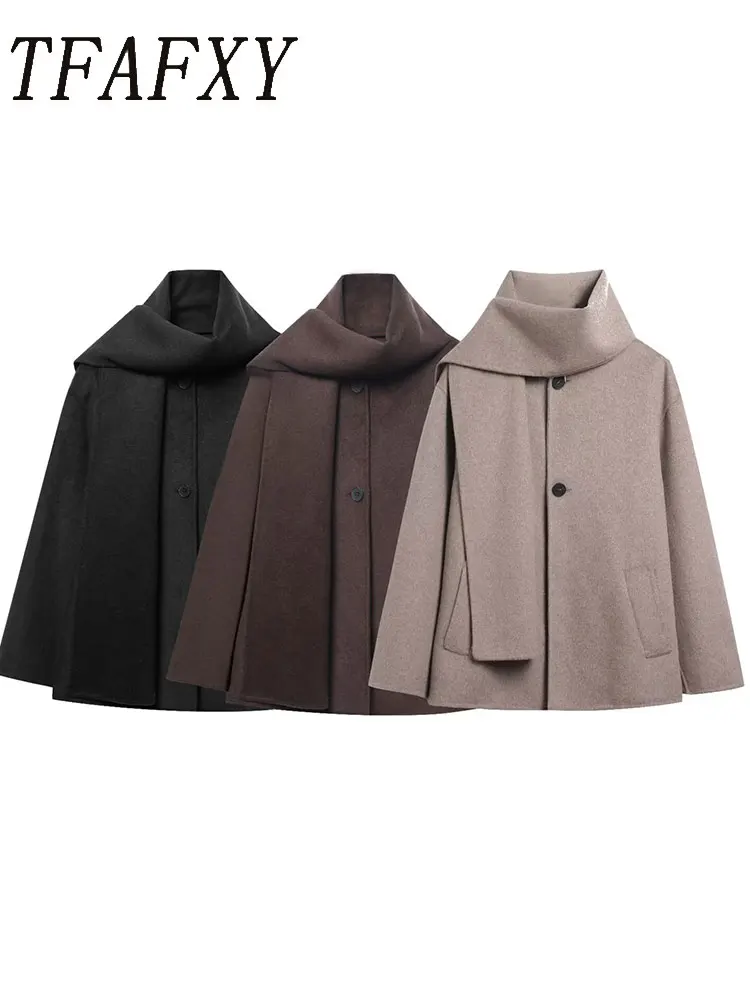 

TFAFXY элегантный шикарный шарф большого размера, свободные куртки, женские пальто с длинными рукавами и карманами на пуговицах, модные осенне-зимние топы 2025, осень-зима