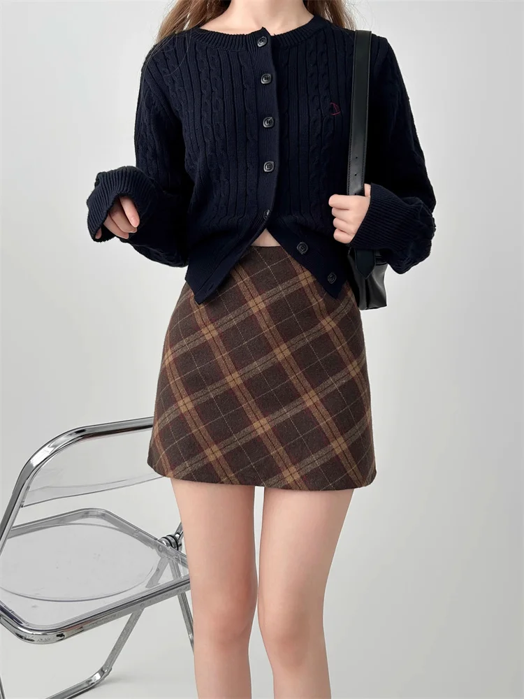 

Женская шерстяная юбка больших размеров в клетку в стиле ретро, с завышенной талией, утягивающая, весенне-осенняя, в корейском стиле, А-силуэт, короткая