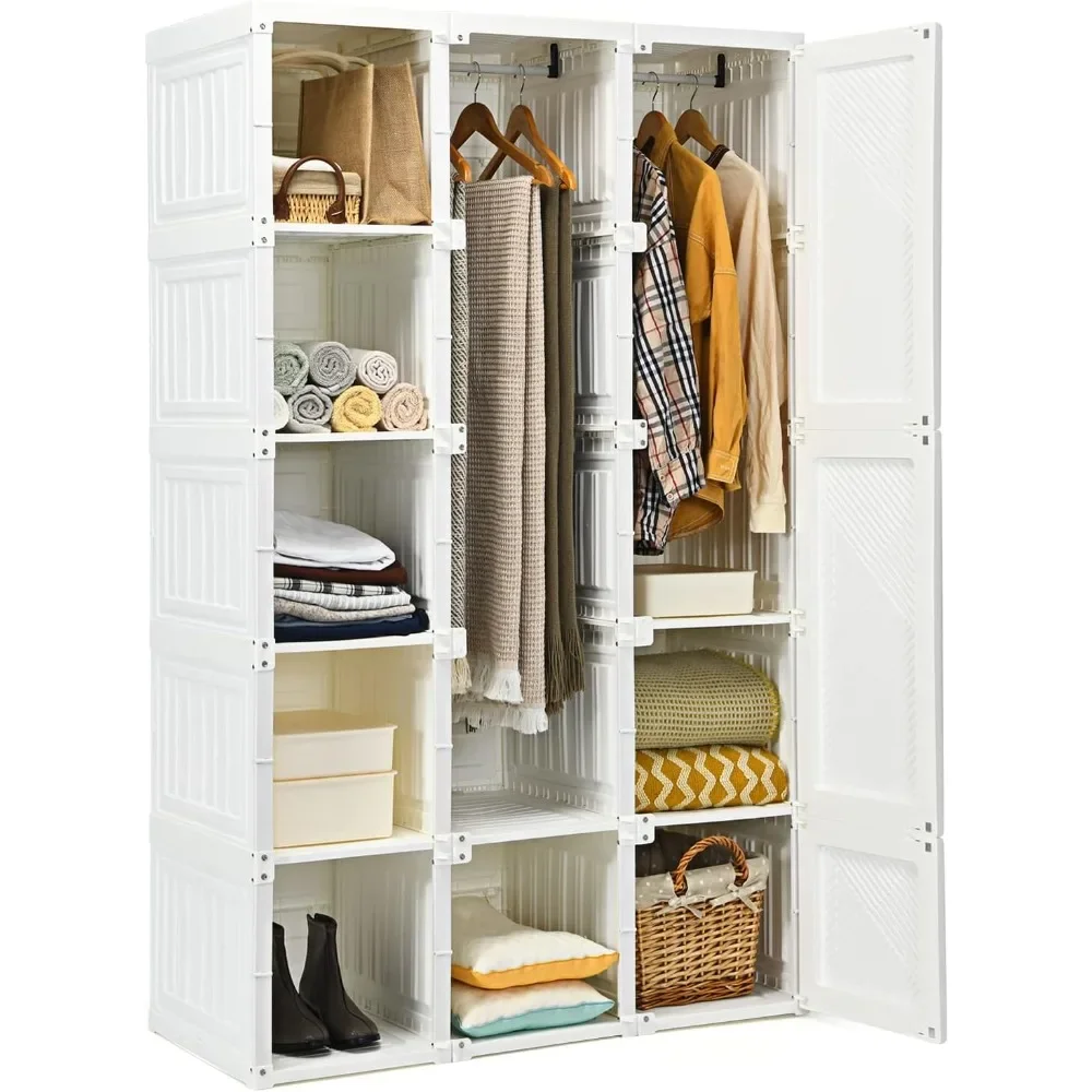 

Portable Closet Wardrobe,Foldable Clothes Organizer with Cubby Storage,Easy Assemble Clothing Storage with Magnet Doors