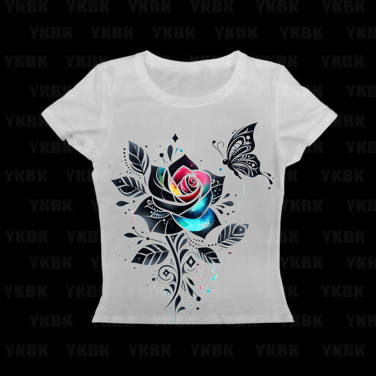 Rose Butterfly Short sleeve Print Anime Harajuku Retro 90s Emo Casual Tees Y2k Style Fashion Tops Streetwear Women Punk Gothic