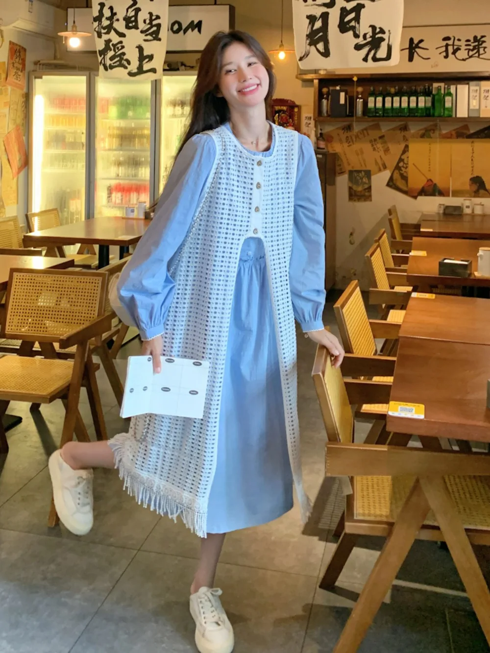 Vestido de camada azul chiffon camisa vestido com franja bainha sobreposição início do outono estética feminina estilo etéreo núcleo sillage