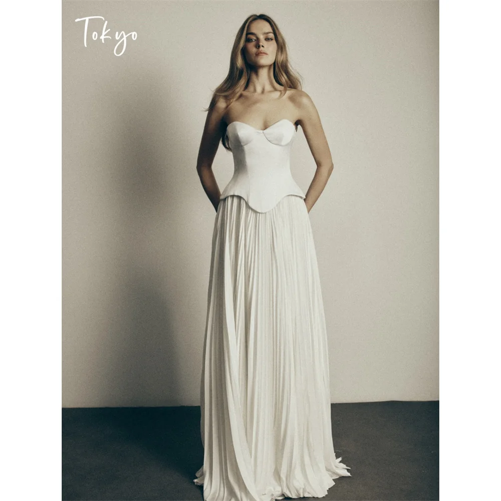 Tokyo Strapless Corset Wedding Dress Pleated Skirt Satin Top Bridal Gown Sweetheart Neck Evening Party Formal Maxi Dress 2026