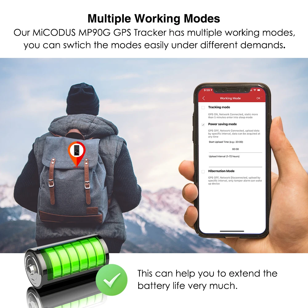 MiCODUS 4G GPS Tracker Car Tracker MP90G 3000mAh Waterproof Voice Monitor SOS Vibration Overspeed Movement Multiple Alarms