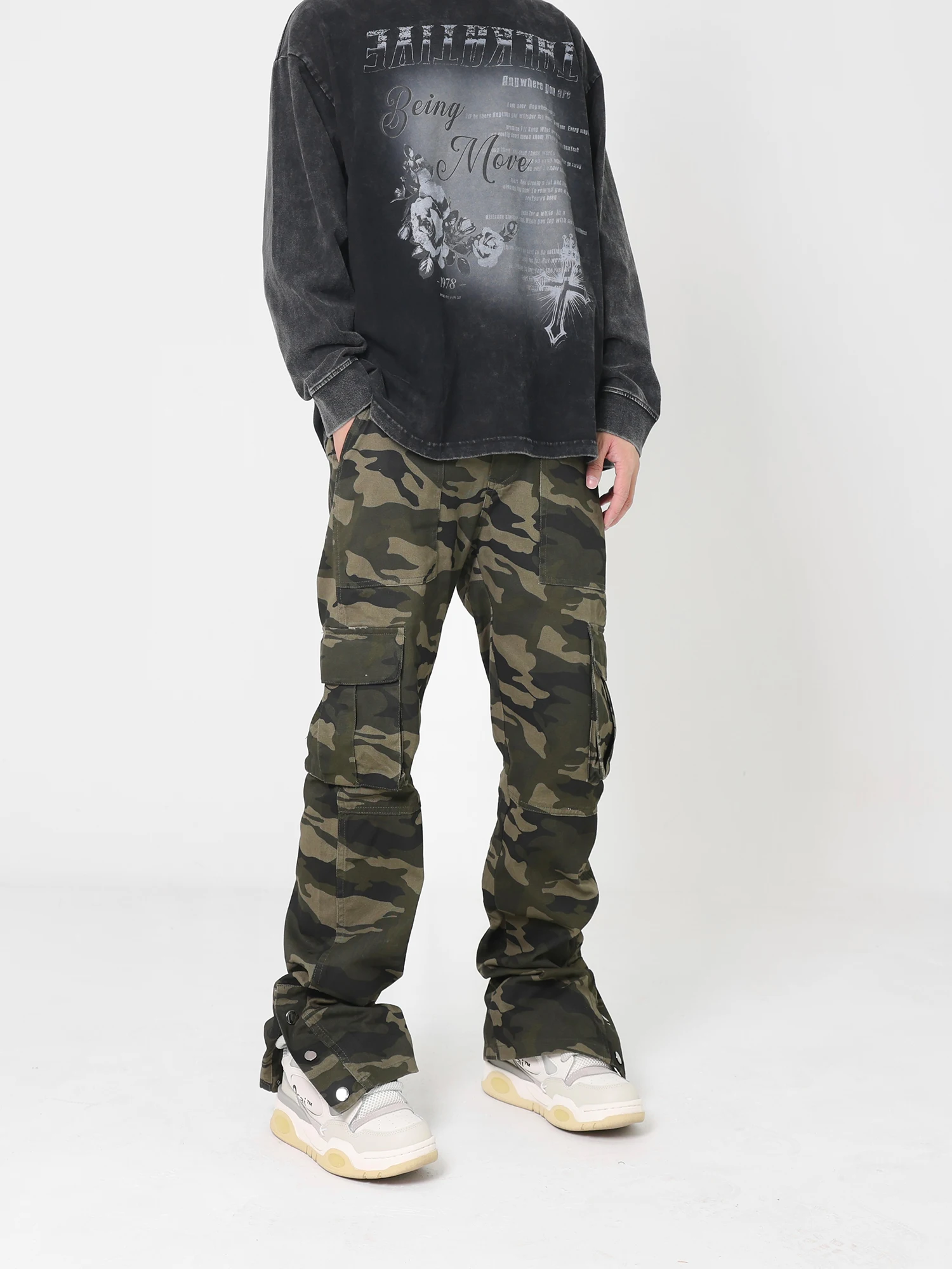 

Retro American Waed Camouflage Workwear Jeans Men's Hiphop Micro Flared Casual Trousers Trendy Straight Leg Pants