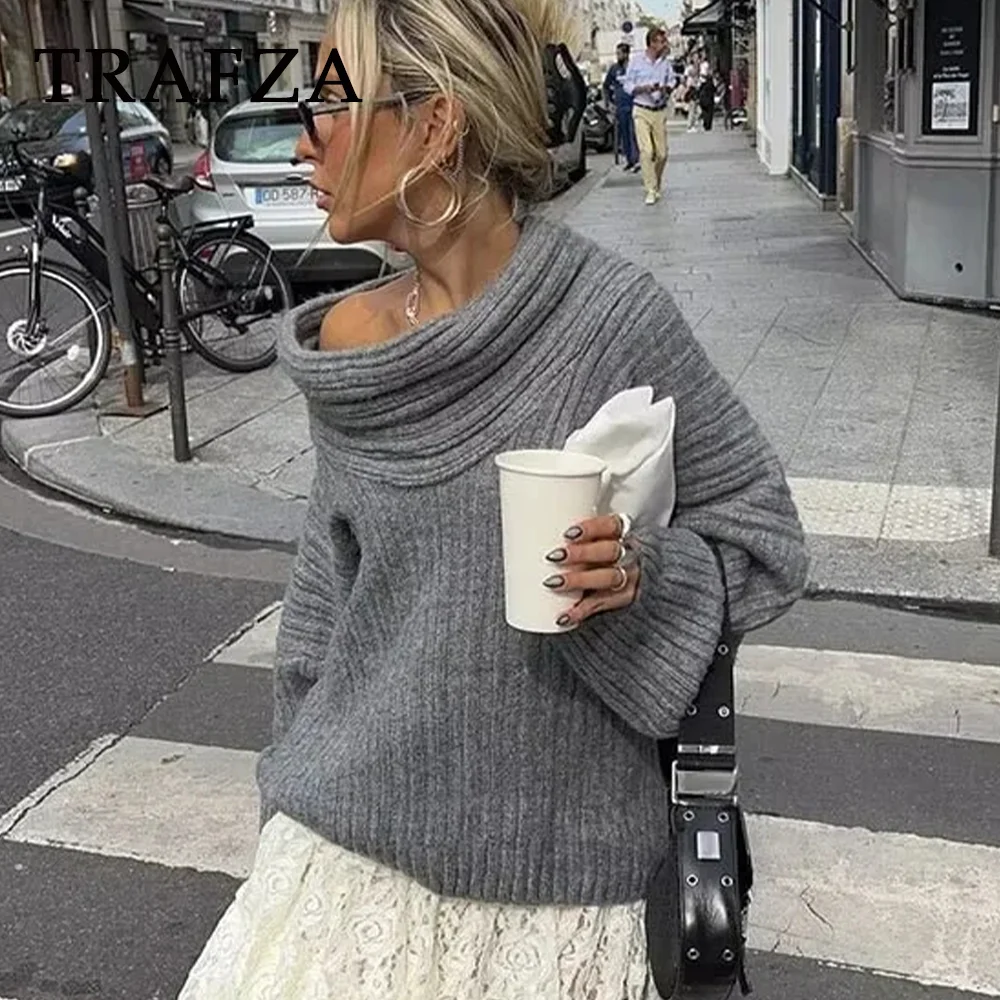 TRAFZA 2023 autunno inverno donna Casual maglioni lavorati a maglia moda Vintage Streetwear Sexy allentato solido Tierred maglioni dolcevita