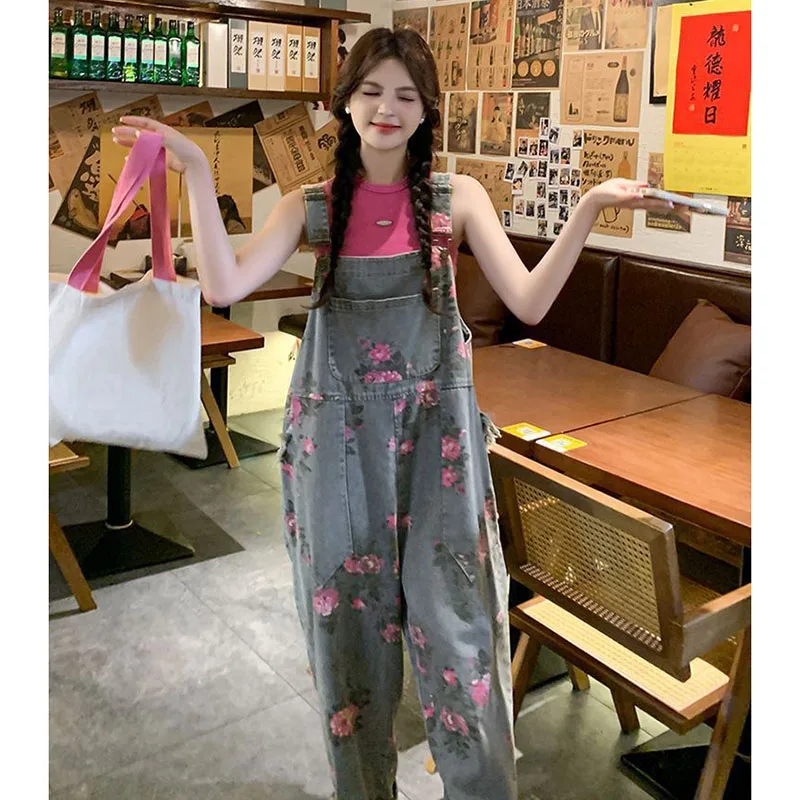 Damesmode Retro bedrukt denim slabbetje Dames zomer nieuw ontwerp gevoel leeftijdverminderende losse en comfortabele wijde pijpen broek