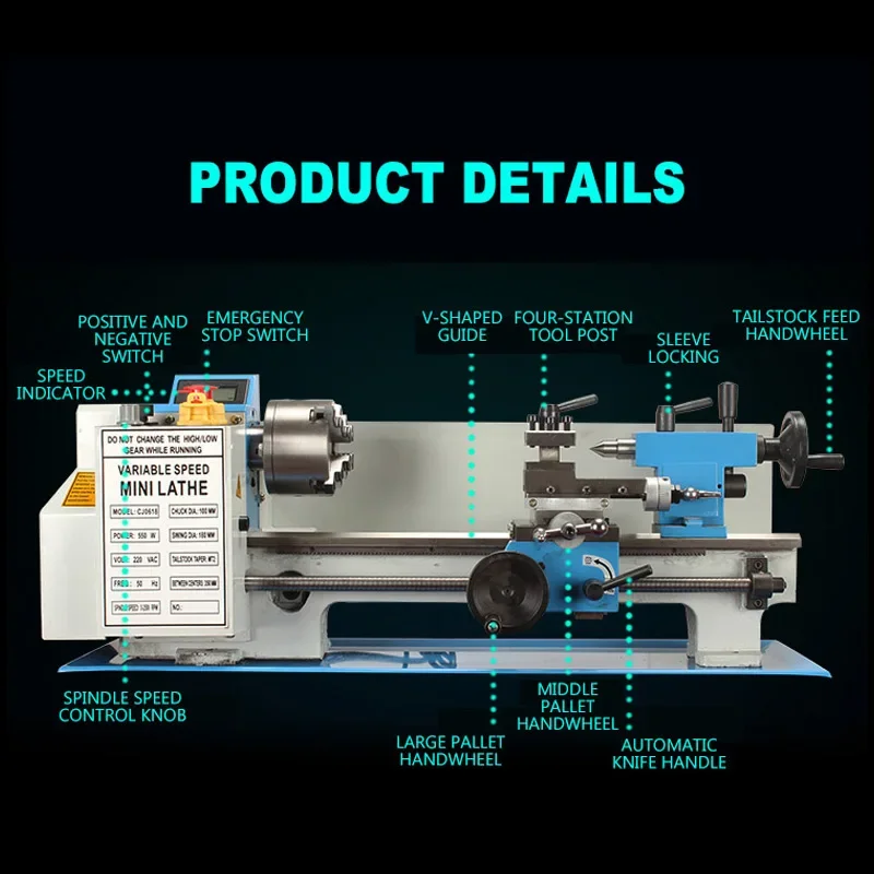 Silnik bezszczotkowy Mini tokarka Obróbka metali Wyświetlacz cyfrowy 32 mm Otwór wrzeciona 100 mm Uchwyt Zwykła mała tokarka 550 W