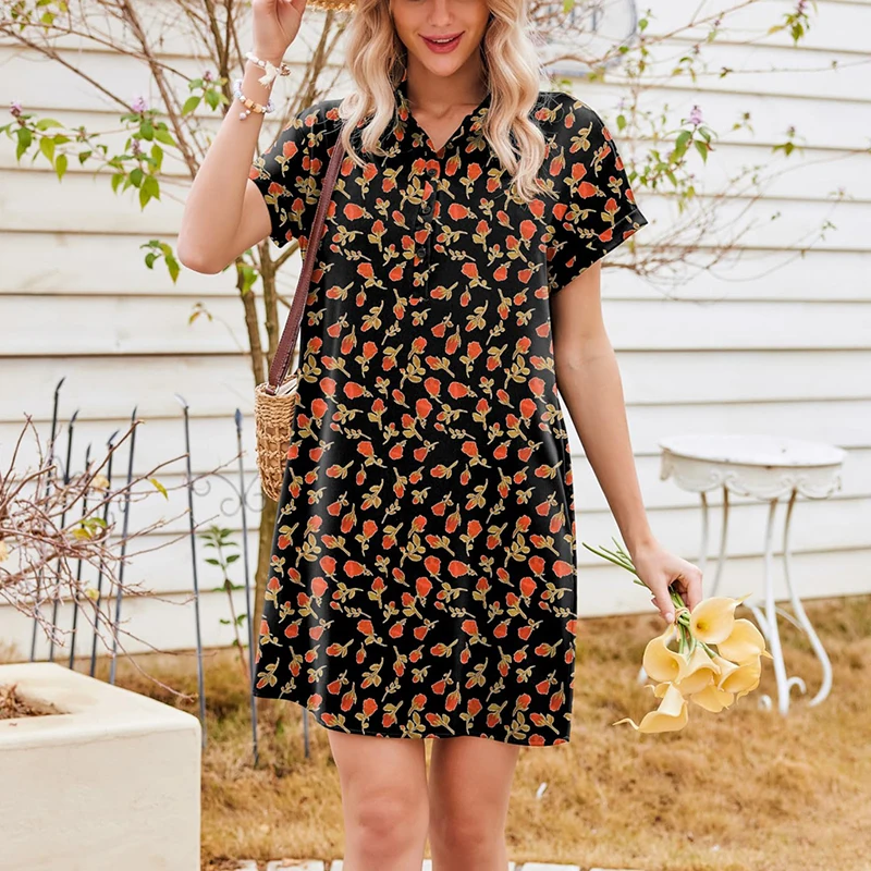 Women's Cotton Shirt Dresses Summer Casual Short Sleeve Beach Boho Floral Cover Up Sundress Loose Shift Polo Collar Midi Dresses