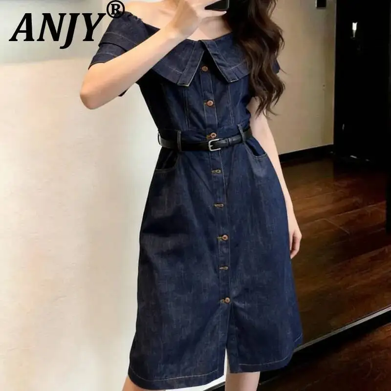 ANJY Spring Summer New Women Elegant Youthful Washed Slash Neck Single Breasted Denim Dress Vintage Short Sleeves Dresses A24285