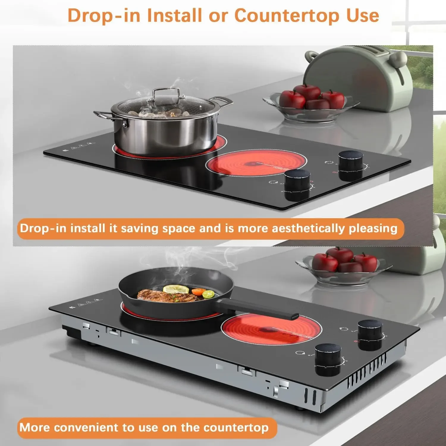 110V Electric Cooktop 2 Burners Electric Stove 12 Inch Knob Control Countertop & Built-in Ceramic Cooktop, 9 Heating Le