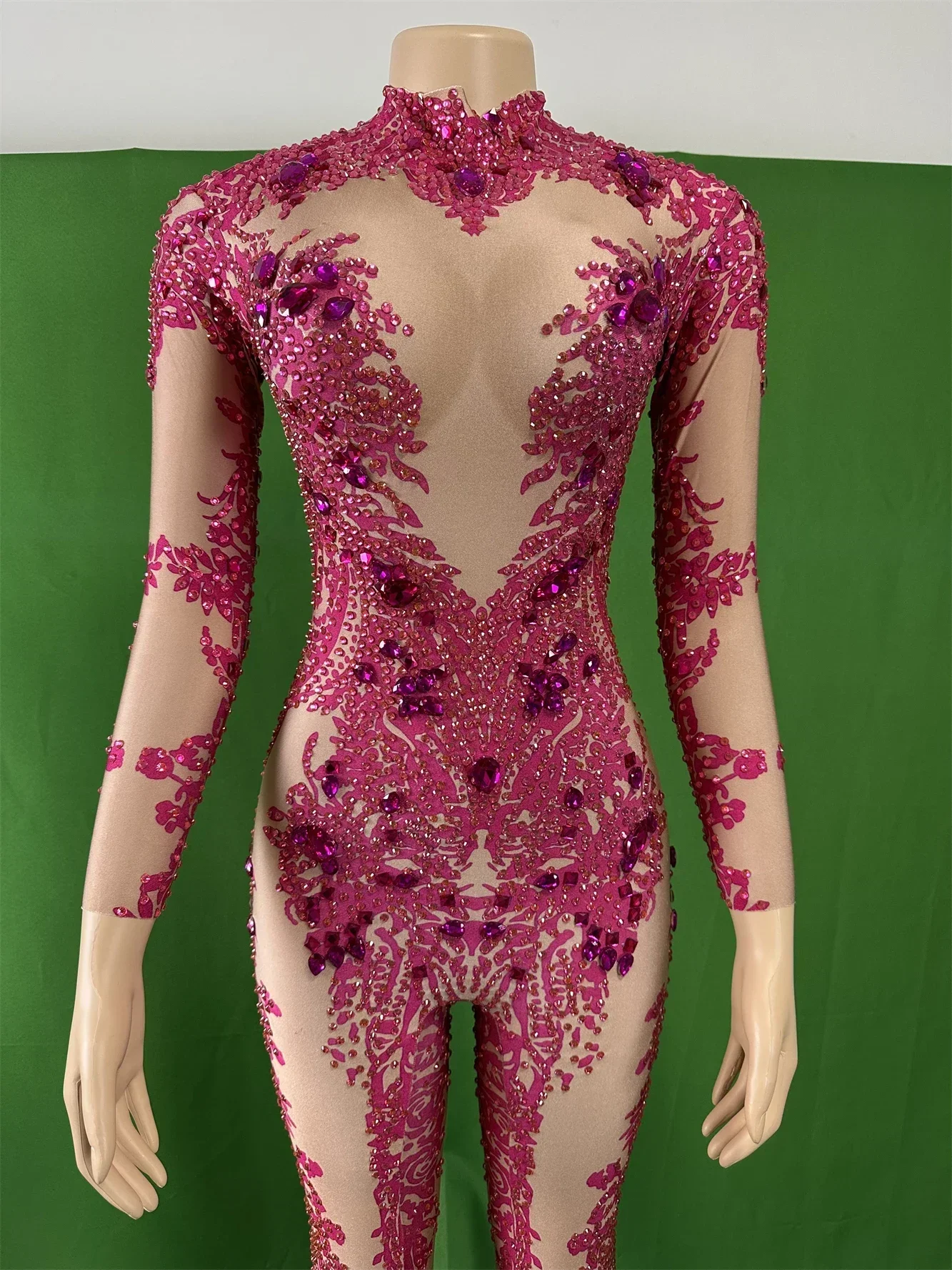 Spandex Purple Women Stunning Rhinestone Jumpsuits Nightclub Pole Dance Stage Wear Sexy Bod Suits Cheerleader Rave Outfit