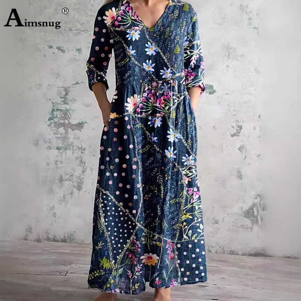 Aimsnug Plus Size Damen Casual Boho Blumendruck Langes Kleid 2025, europäische lange Ärmel, Maxikleider, sexy Damenkleid mit V-Ausschnitt, Neu