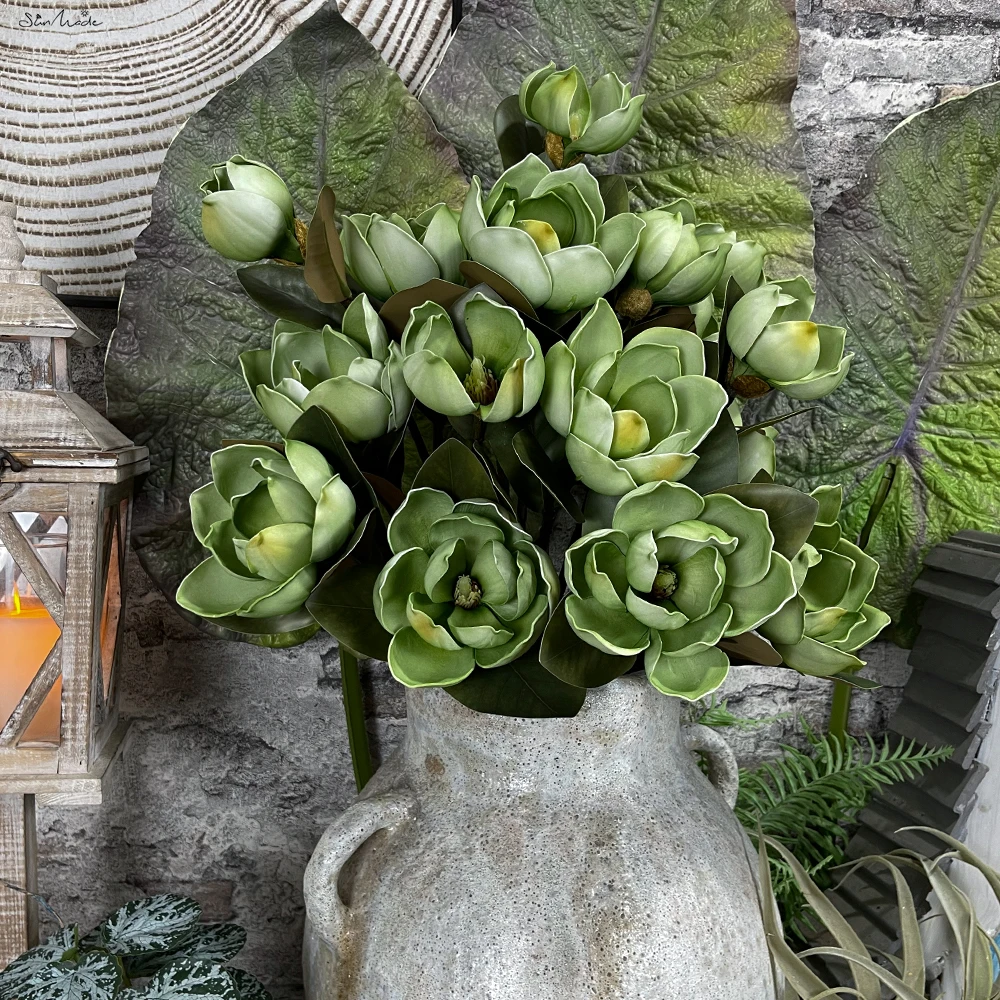 SunMade 3 Heads Magnolia Branch Vintage Artificial Flowers Home Wedding Decoration Fall Decor Green Flower Flores Artificiales
