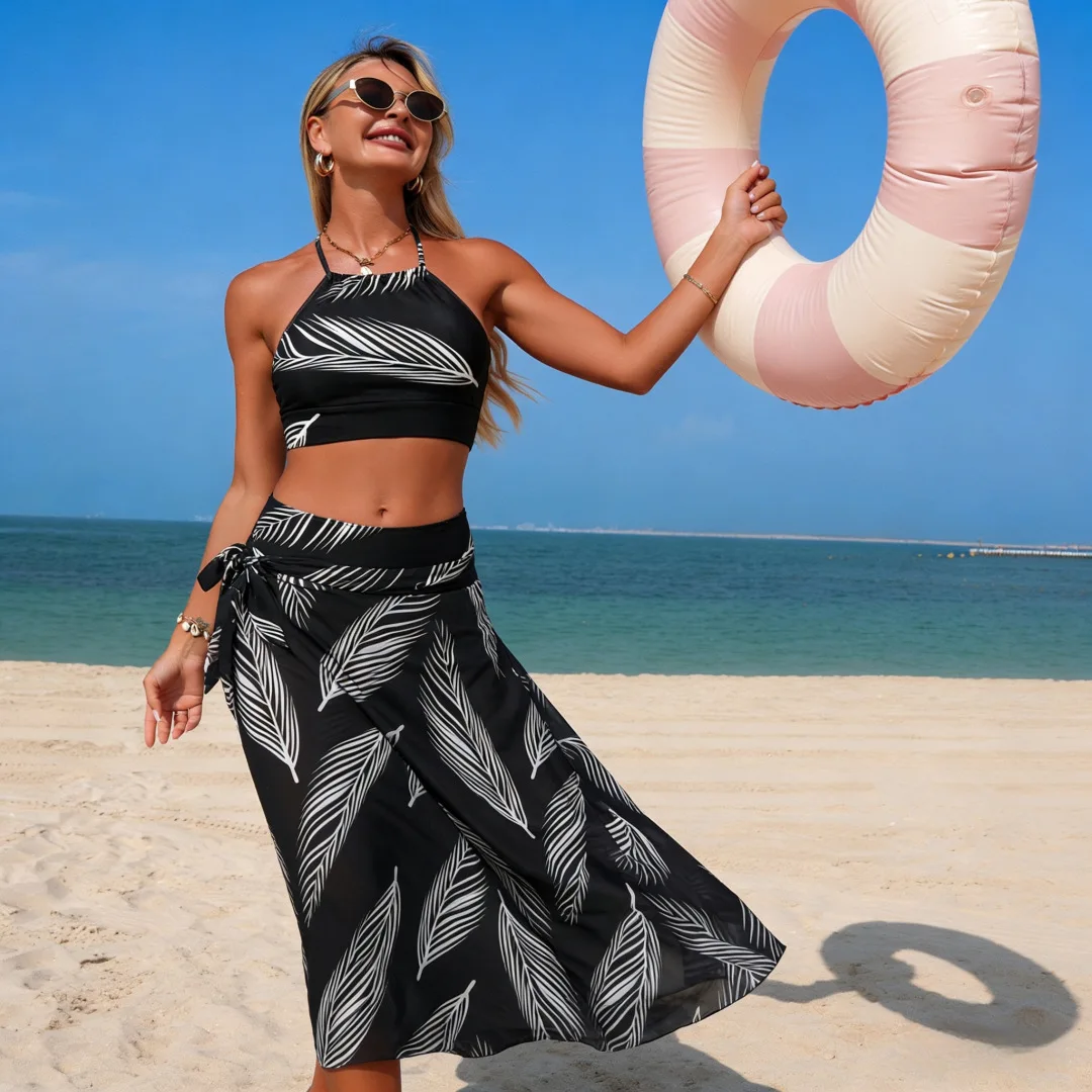 

Женский комплект бикини из 3 предметов 2026 года с сетчатой длинной юбкой, пуш-ап, с высокой талией, раздельный купальник с прозрачной накидкой, праздничная коллекция купальников