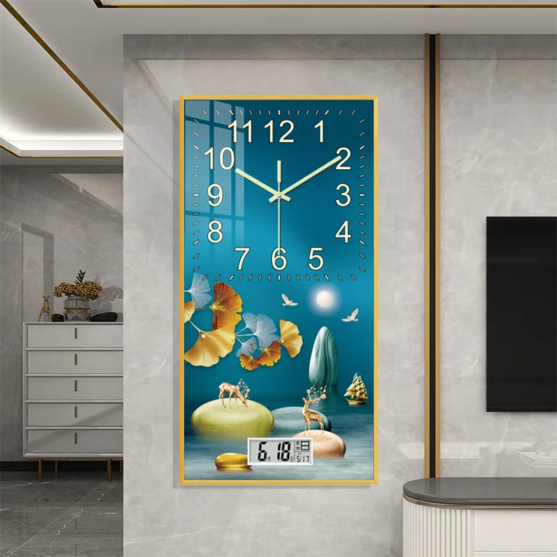 Modern crystal porcelain painting decorative wall clock home living room punch-free mute with calendar light quartz clock