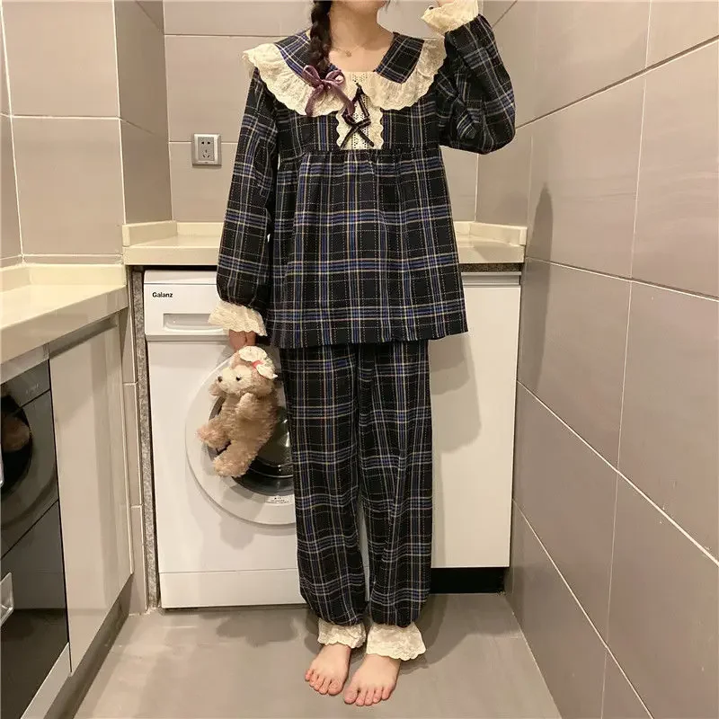 Plaid Sleepwear Women Pajama Sets Korean Pants Sets 2 Pieces Lace Piiama Style Full Sleeve Spring Night Wears Bow Home Suit 2024