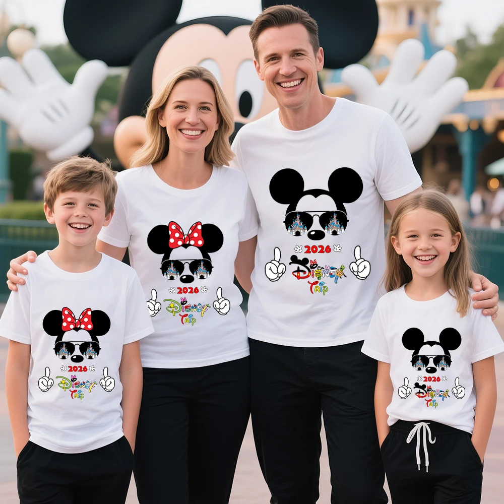 Disney Trip 2026 Mickey Minnie imprimé coton t-shirt famille correspondant tenues pour Parents et enfants unisexe t-shirt été tenue décontracté