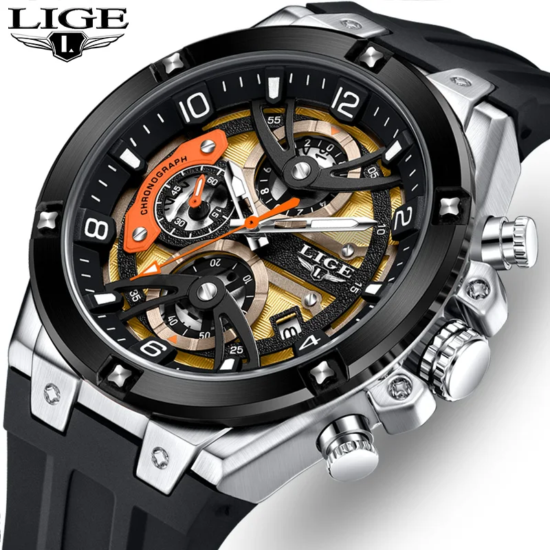 LIGE Fashion Sports Chronograph Man Quartz Watch Silicone Strap Creative Design Dial Luminous Hands Mens Wristwatches Waterproof