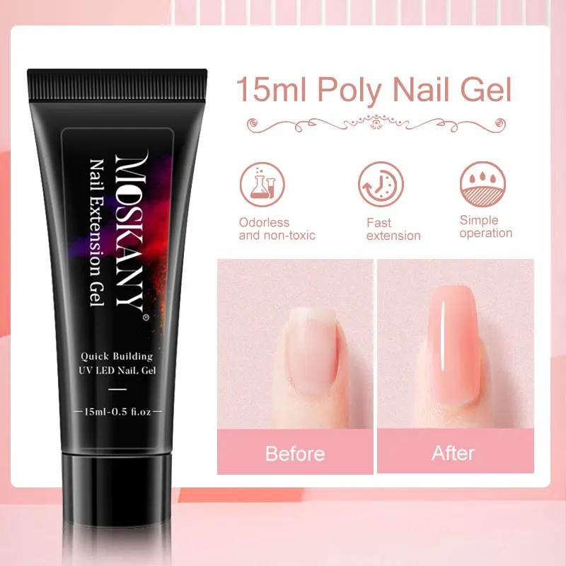 Poly Extention Gel Set Nail Art French Nail Art Clear Color with Top/Best Coat and LED Lamp Nude Color Fast Polish Kit