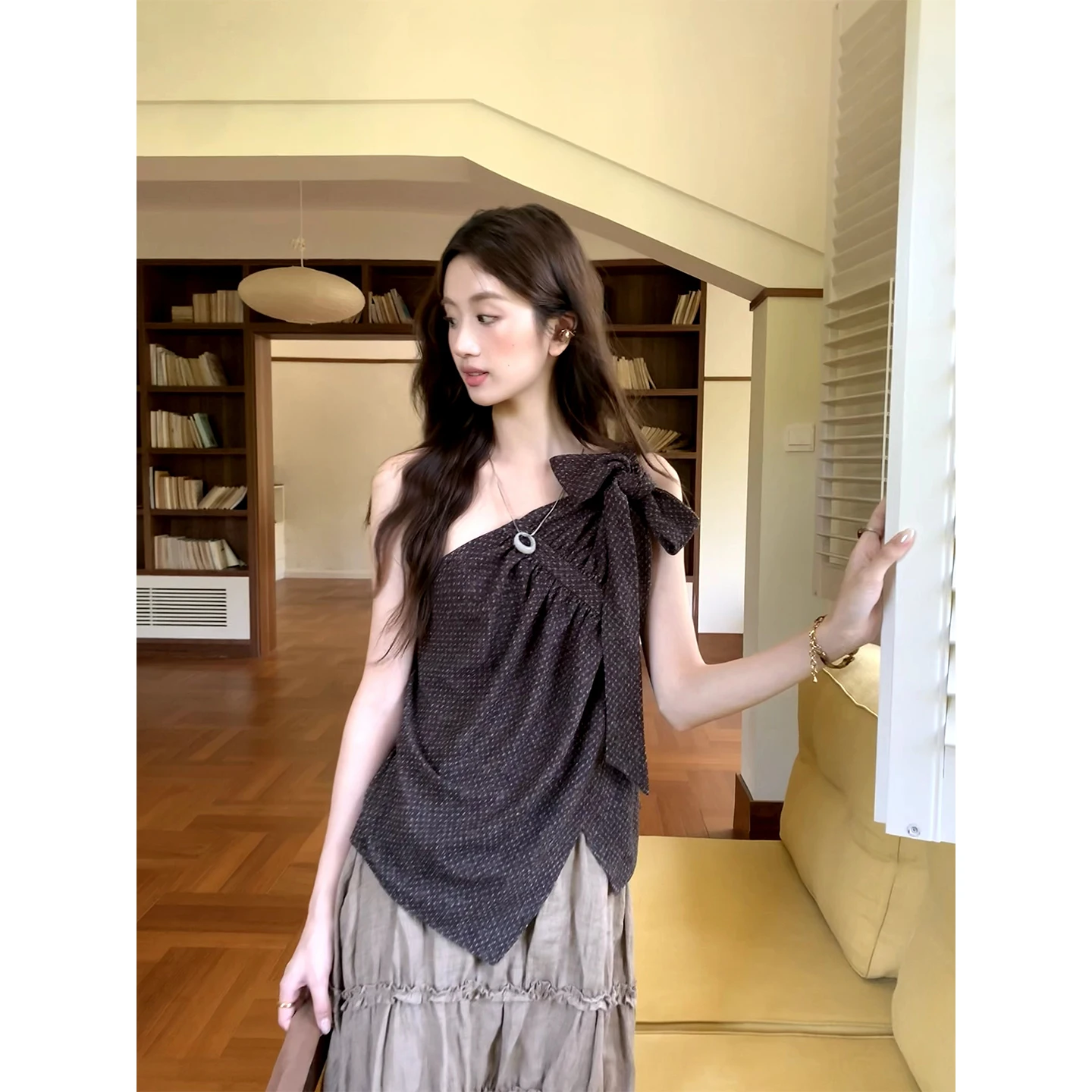 

Soolrok Vintage Double-Sided Wear Knot-oulder Irregular Tank Top Women's Sweet Sle Knot Summer Casual Vest