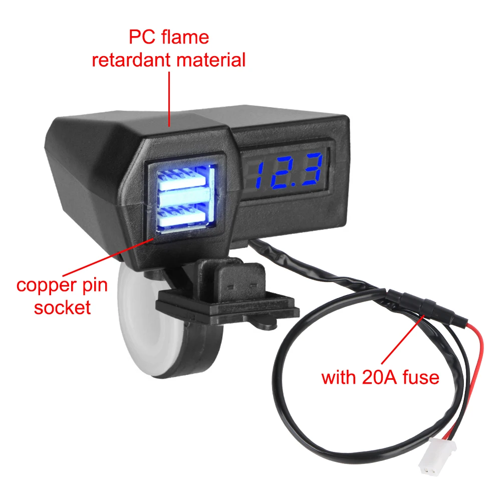 12-24V Dual Ports Splitter With Voltmeter Waterproof Cover Motorcycle USB Chargers With 25A Fuse 5V 3.6A Quick Charge 3.0