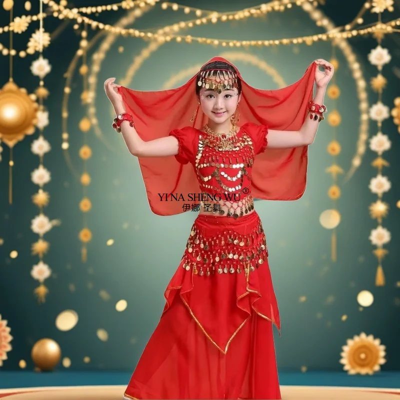 مجموعة أزياء الرقص لغطاء الرأس، فستان الأميرة الملون، أزياء الرقص الشرقي، تصميم الأزياء المتألقة، ملابس الفتيات الهندية للأطفال #2