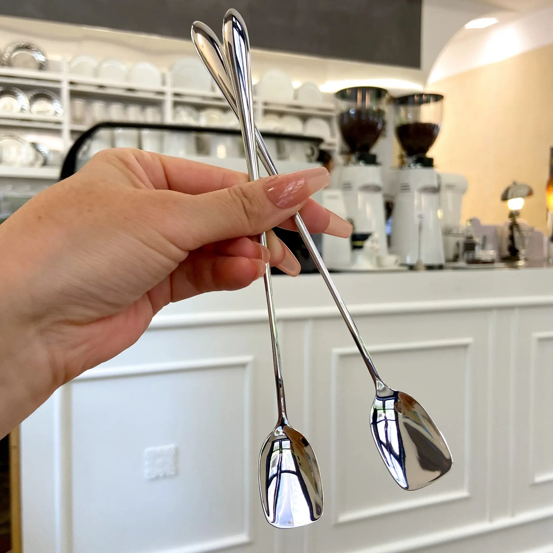 304 Stainless Steel Square Head Spoon Long Handle Coffee Stir Scoop New High Appearance Level Bar Household Honey Dessert Spoon