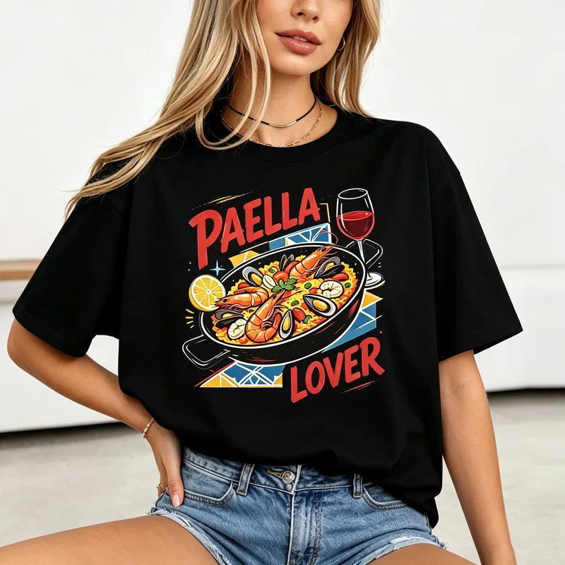 Paella Lover Summer Food Wine T Shirt Vintage Spanish Kitchen Graphic Print Casual Streetwear Short Sleeve Top for Women Holiday