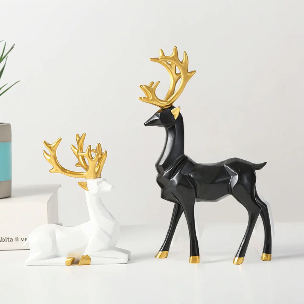 Nordic Style Deer Figurine Set Geometric Resin Statue Minimalist Home Art Decoration For Entrance Hall Tv Bench Decor