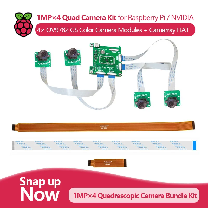 

Комплект четырехкамерной камеры 1 МП × 4 с четырьмя модулями глобального затвора OV9782 и шляпой Camarray для Raspberry Pi/NVIDIA