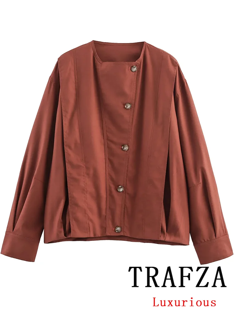

TRAFZA Vintage Casual Chic Bomber Jacket Solid Single Breasted O-Neck Pocket Long Sleeve Coats New Fashion 2025 Autumn Coat