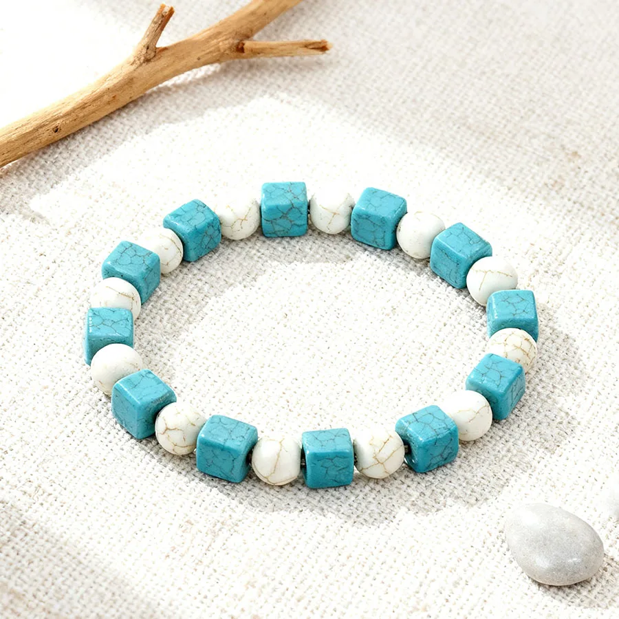 Türkisfarbenes quadratisches Perlenarmband für Männer, Lava, Onyx, Howlith, Naturstein, Stretch-Schmuck, handgefertigt, Yoga, elastisches Armband, Geschenk