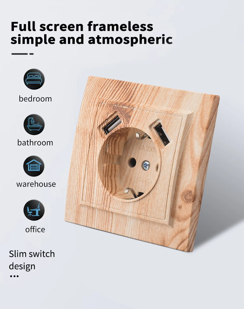 Flammhemmender EU-Standard aus Holz mit Erdungsfarbe, klassische USB-Steckdosen aus Kunststoff, 250 V, eingebettete Wandsteckdosen, 250 V – Detail 5