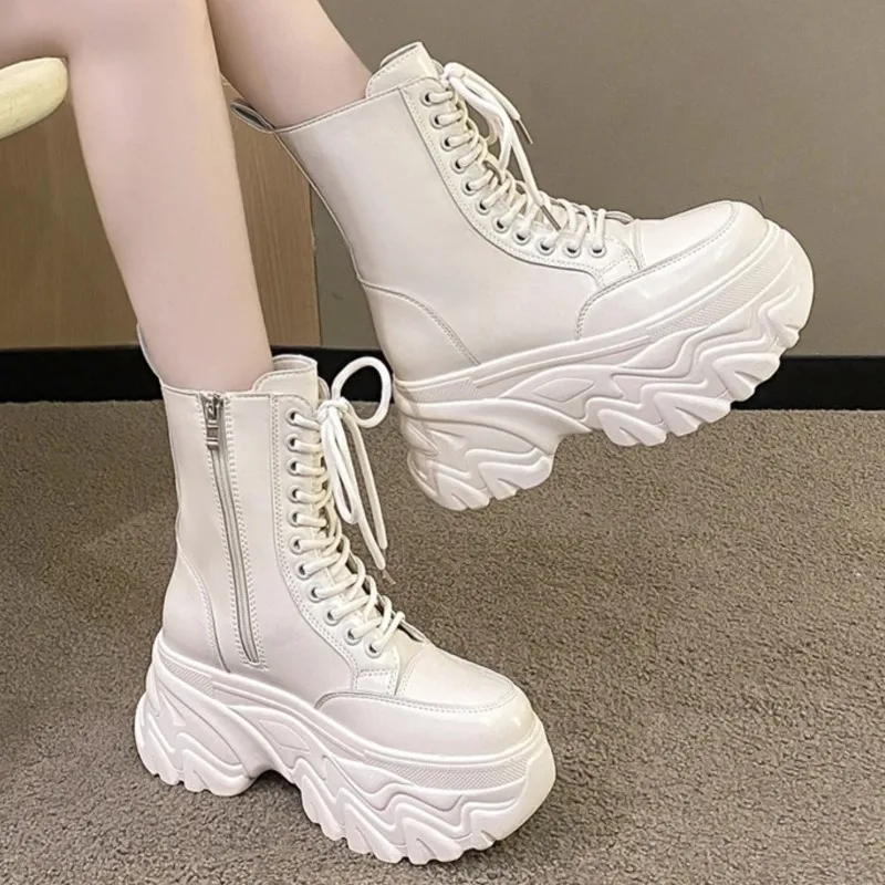 Chunky Heels Motorcycle Boots 2023Women Autumn Winter White Black Thick Platform Ankle Boots Woman Lace-Up Non-Slip Combat Botas