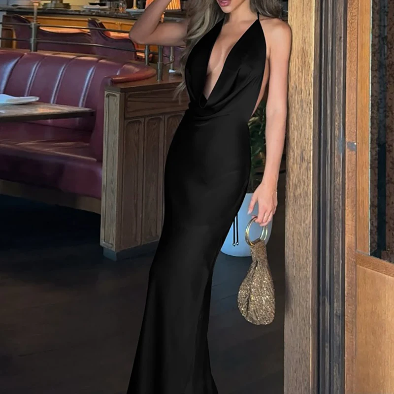 섹시한 로우컷 솔리드 새틴 이브닝 드레스, 패션 백리스 슬리브리스 슬림 연회 드레스, 여성용 하이웨이스트 레이스업 랩 힙 드레스