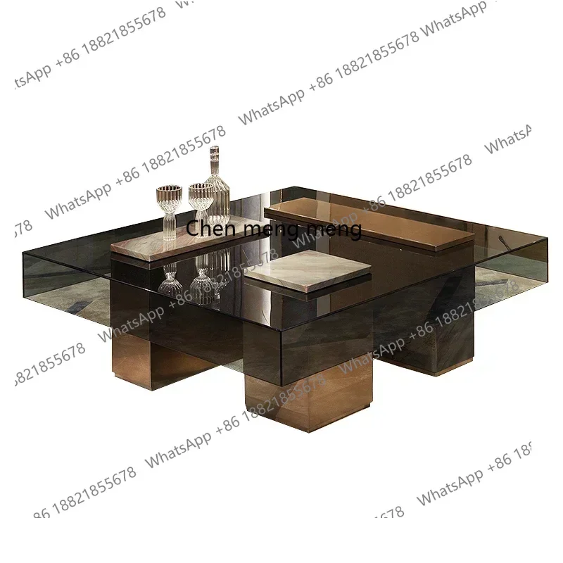 X Italian Minimalist Designer Coffee Table Tempered Glass Square Pier Table Living Room Stainless Steel Tea TableA