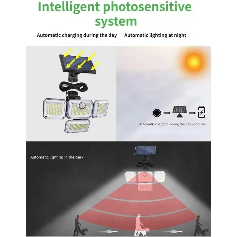 1 PACK Outdoor Motion Sensor Lamp, 4-Head Solar Power Light, 333 LED Solar Light, Flood Lights ,3000 Lumens,270° Lighting Range