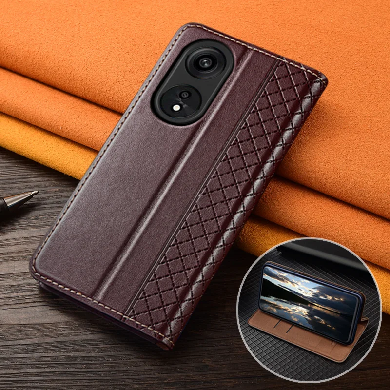 

For OPPO Reno8 Reno 8 T Z Pro Lite 5G 4G Flip Case Grid Pattern Magnetic Cover Cowhide Genuine Leather Card Pocket Wallet Cases
