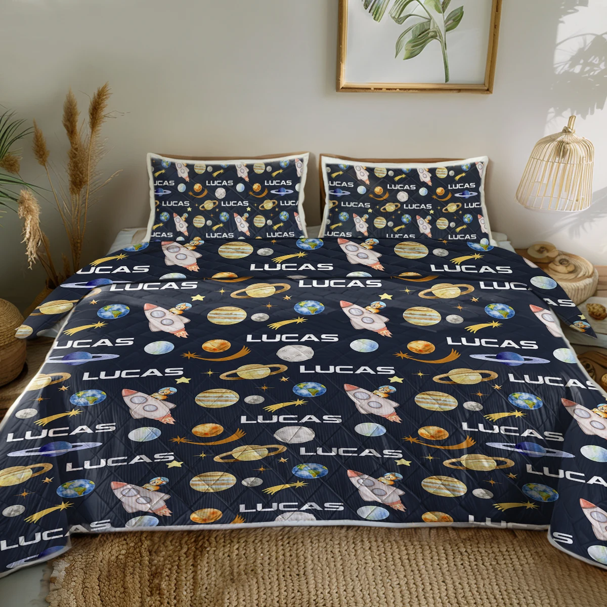 3PCS Rocket and Satellite Design Quilt Set Comforter With 2 Pilowcases For Kids and Adults Bedroom Home Collections